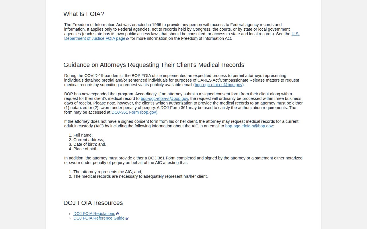 Federal Bureau of Prisons release record FOIA request for a Yancey-connected case