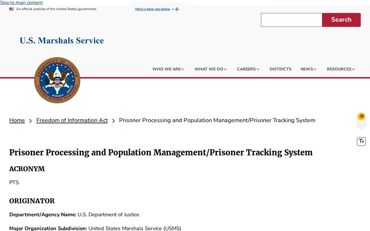 U.S. Marshals Prisoner Tracking System release and movement record description